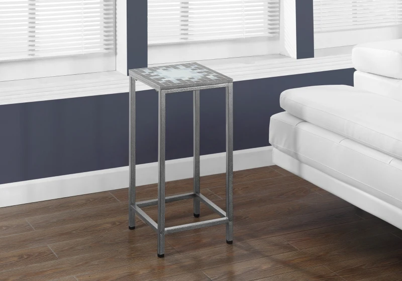 Monarch 28" Modern Mosaic Tile Top Hammered Silver Metal Frame Plant Stand Accent Side Table - Grey / Blue Tile Finish