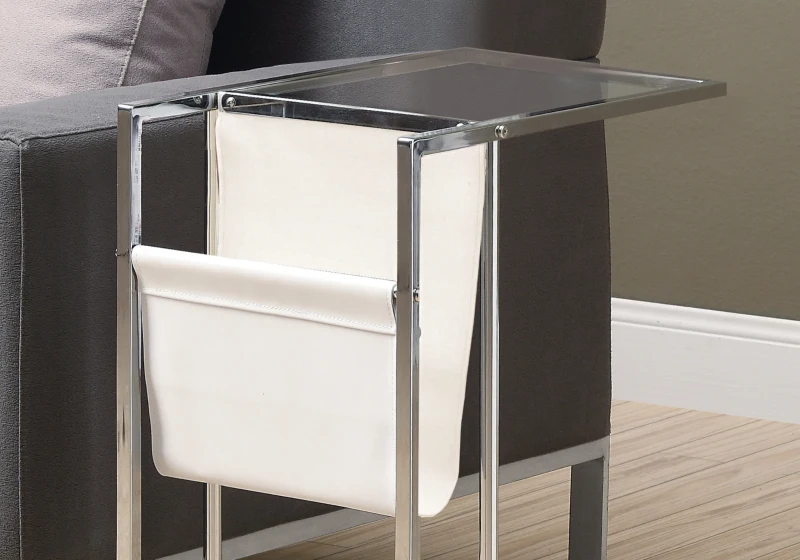 Monarch 24" Contemporary Tempered Glass Top Chrome Metal Frame Snack C-Shape Side Accent Table with Magazine Storage Rack - White Finish