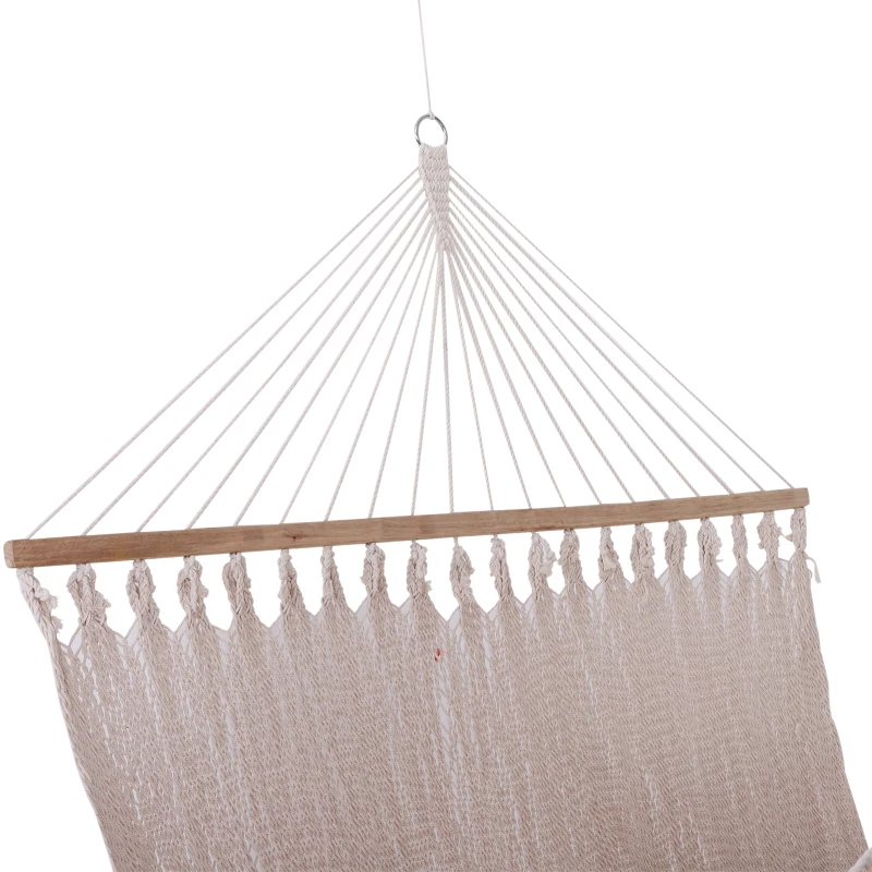 Outsunny Double Hammock Outdoor 2 Person Wide Swing Bed Portable Camping Sun Lounger w/ Wood Spreader Bar Cream