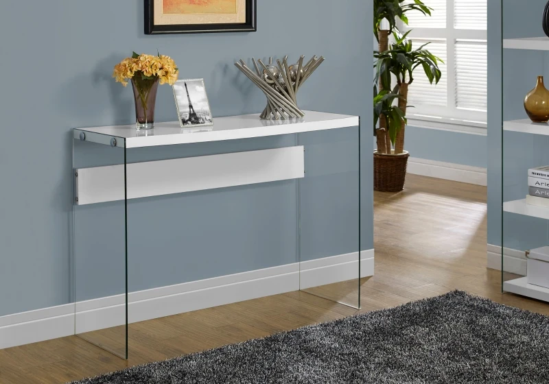Monarch 44" Modern Tempered Glass Frame Accent Hall Sofa Console Table - White Glossy Finish