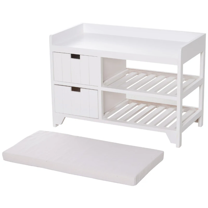 HOMCOM Compact Rustic Padded Wooden Shoe Rack Bench Organizer With Drawers - Country White