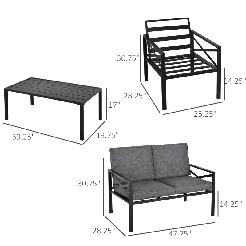 Outsunny 4-Piece Patio Furniture Set Garden Conversation Set with Soft Washable Cushions & Strong Steel Frame, Grey