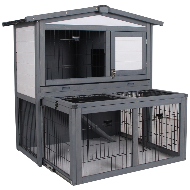 PawHut Deluxe Wooden 2 Story Rabbit Hutch with Slide-Out Outdoor Run, Lockable Doors, and Ramp - Grey & White
