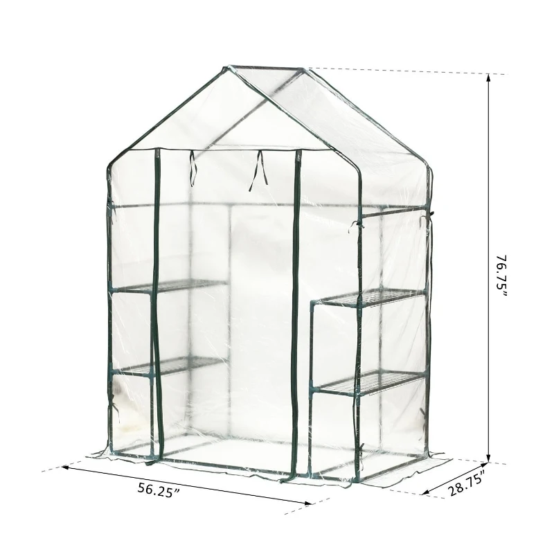 Outsunny 56" x 29" x 77" Mini Greenhouse Walk-in Greenhouse Garden Hot House with 2-Tier Shelving, Roll-Up Door & Weather Cover
