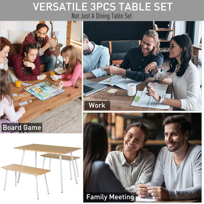 HOMCOM 3 PCs Table Dining Set With 2 Matching Benches P2 Grade MDF Steel Legs Dining Room - Natural