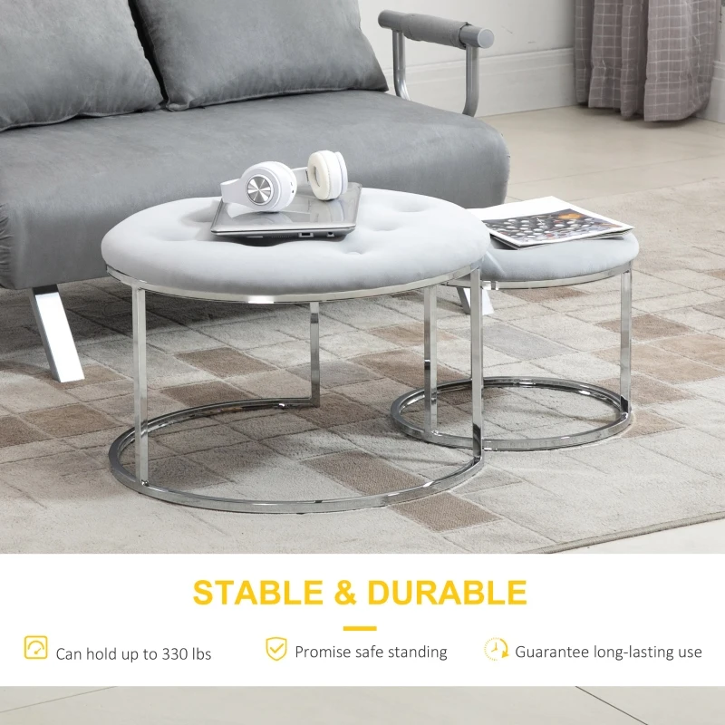 HOMCOM Nesting Coffee Table Set of 2, Round End Tables with Velvet-Feel Button Tufted Top for Living Room, Home Office, Grey