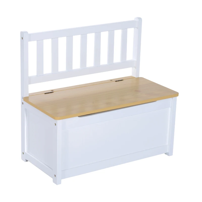 Qaba 4-Piece Kids Table and Chair Set, with 1 Storage Bench and 2 Matching High Back Chairs, Natural & White