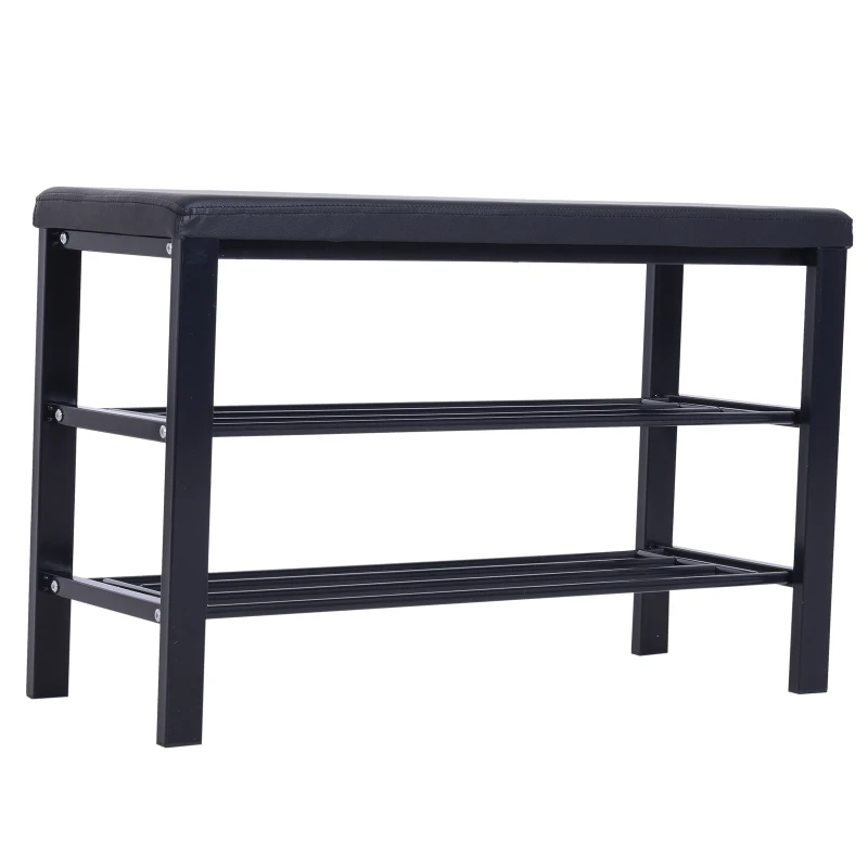 HOMCOM Hallway Shoe Bench with 2 Tier Shoe Rack Holder Entryway Shoe Storage Shelf Unit with Padded Seat Black