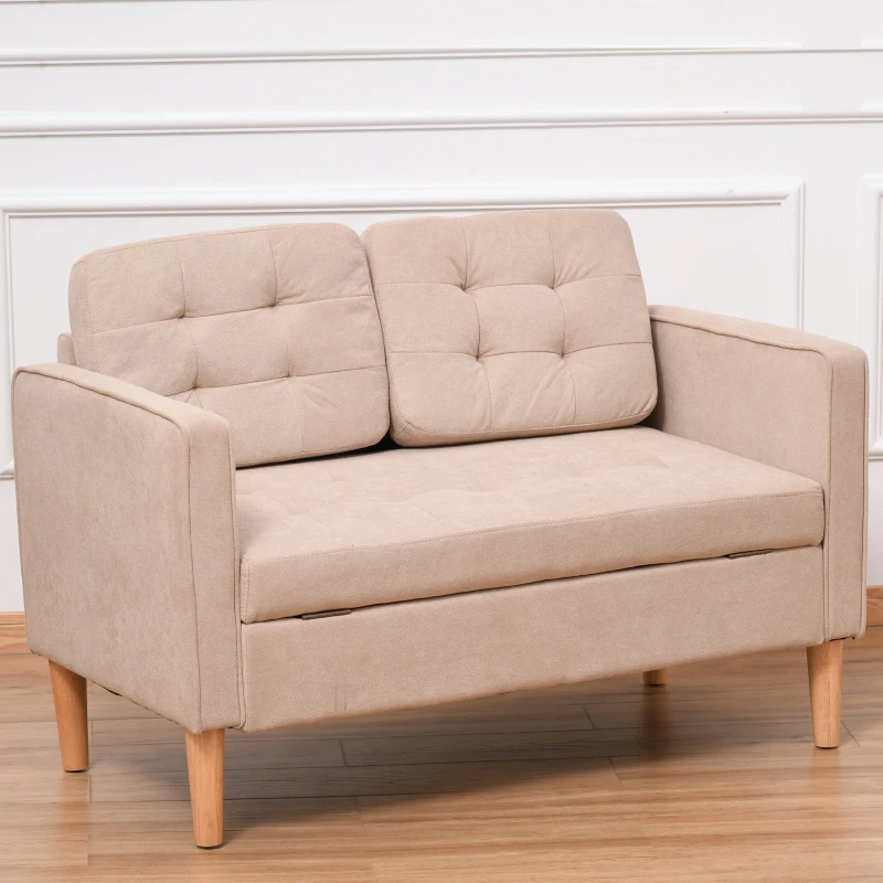 HOMCOM Modern 2-Seater Loveseat Button-Tufted Fabric Couch with Storage Chest, Cushions and Rubberwood Legs for Living Room, Light Brown