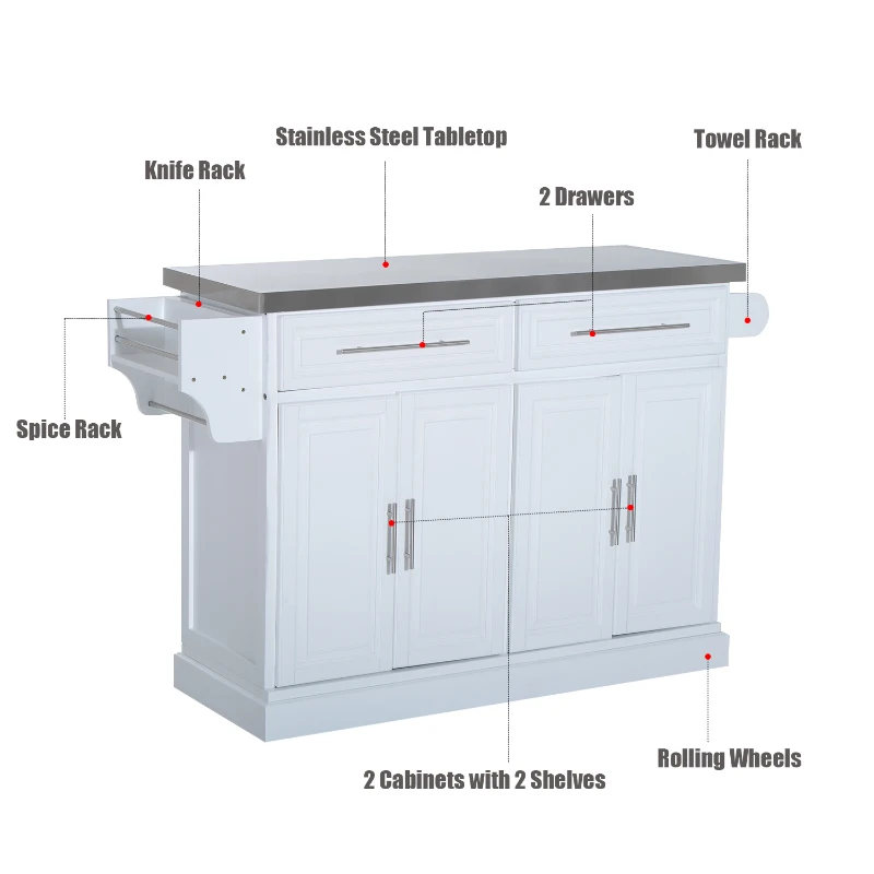 HOMCOM Rolling Kitchen Island with Storage, Portable Kitchen Cart with Stainless Steel Top, 2 Drawers, Spice, Knife and Towel Rack and Cabinets, White