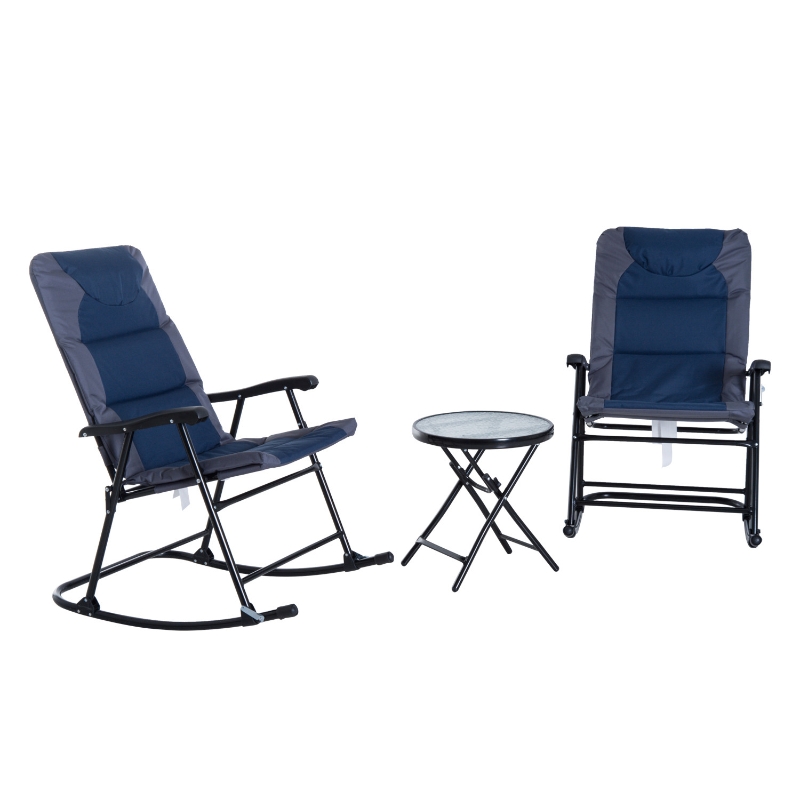 Outsunny 3 Piece Outdoor Folding Rocking Chair and Table Set - Blue and Grey