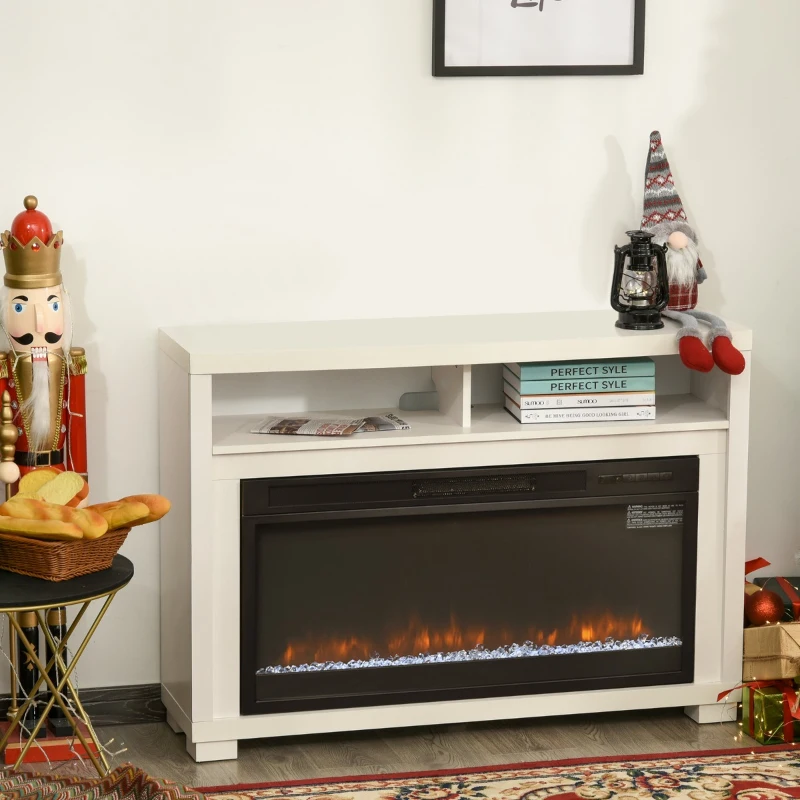 HOMCOM 43.75" W x 31.5" H Electric Fireplace Mantel TV Stand, Media Console Center Cabinet with Two Shelves and Remote Control, White