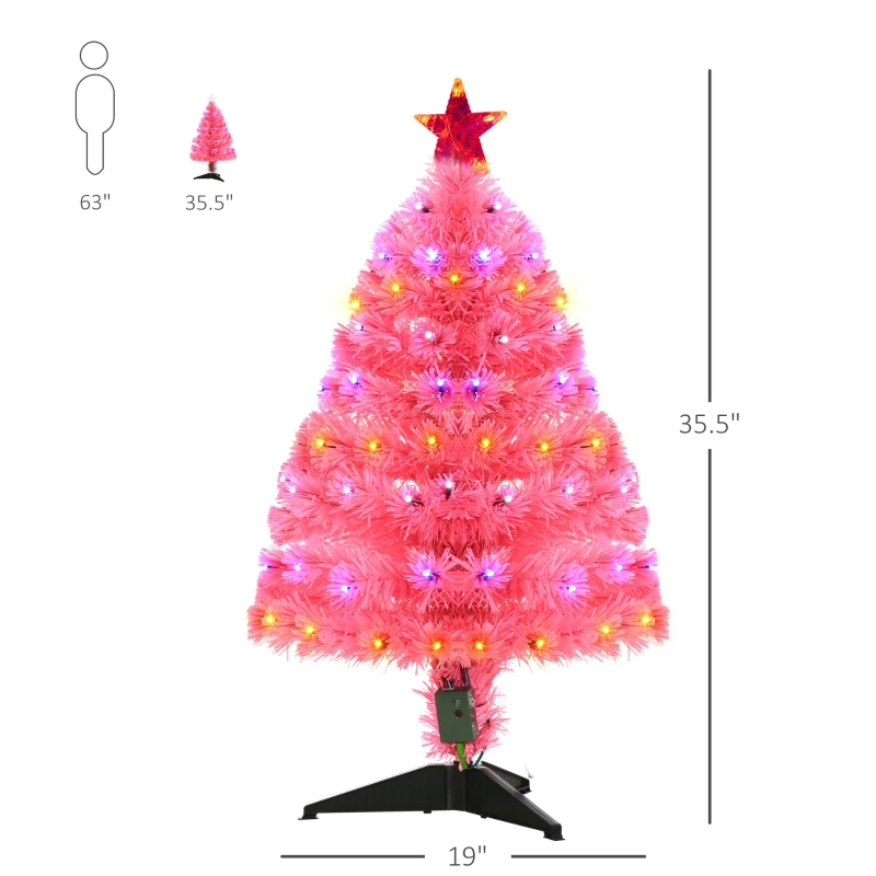 HOMCOM 3ft Tall Pre-Lit Douglas Fir Artificial Christmas Tree with Realistic Branches, 90 Multi-Color LED Lights, Fiber Optics, and 90 Tips, Pink