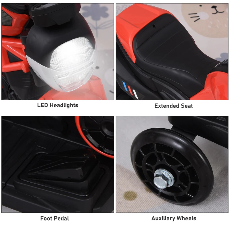 Aosom 6V Kid Electric Motorcycle Battery Powered With Training Wheels W/ Music Headlight For 3 - 8 Years Old Kids Red