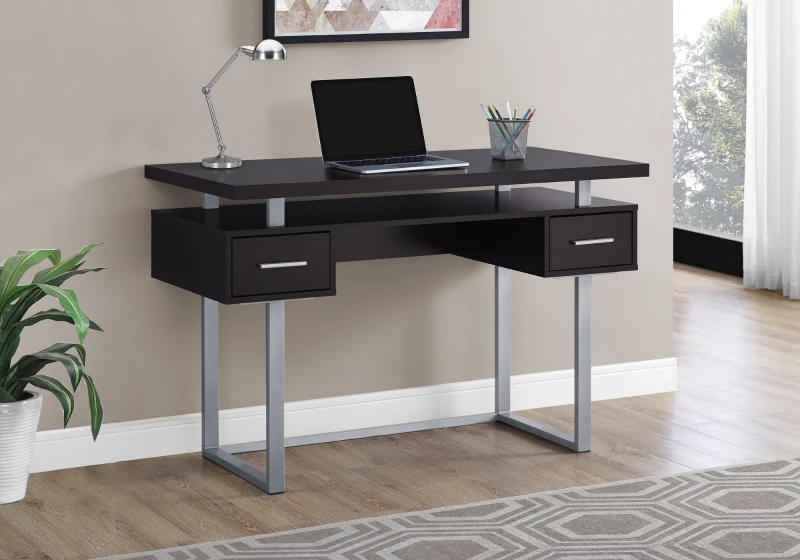 Monarch 48" Contemporary Floating Top Computer Writing Desk - Cappuccino / Silver Metal