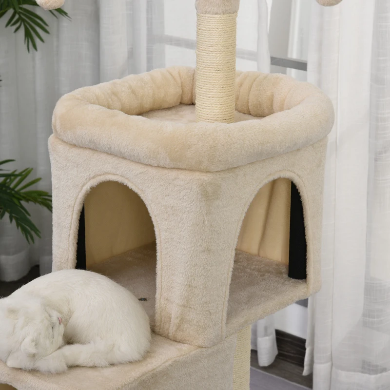 PawHut 3- Levels Plush Cat Tree Tower Ladder Shape Activity Center with Sisal Scratching Posts 3 Condos Funny Sticks and Balls, Beige