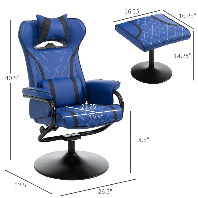 Vinsetto High Back Video Gaming Recliner with Ottoman, Racing Style PC Computer Office Chair, Swivel with Headrest & Lumbar Support, Adjustable Height, Blue/Black