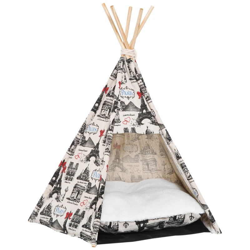 PawHut Foldable Teepee Puppy Dog Cat Bed Tents & Houses Pet Small Washable with Cushion