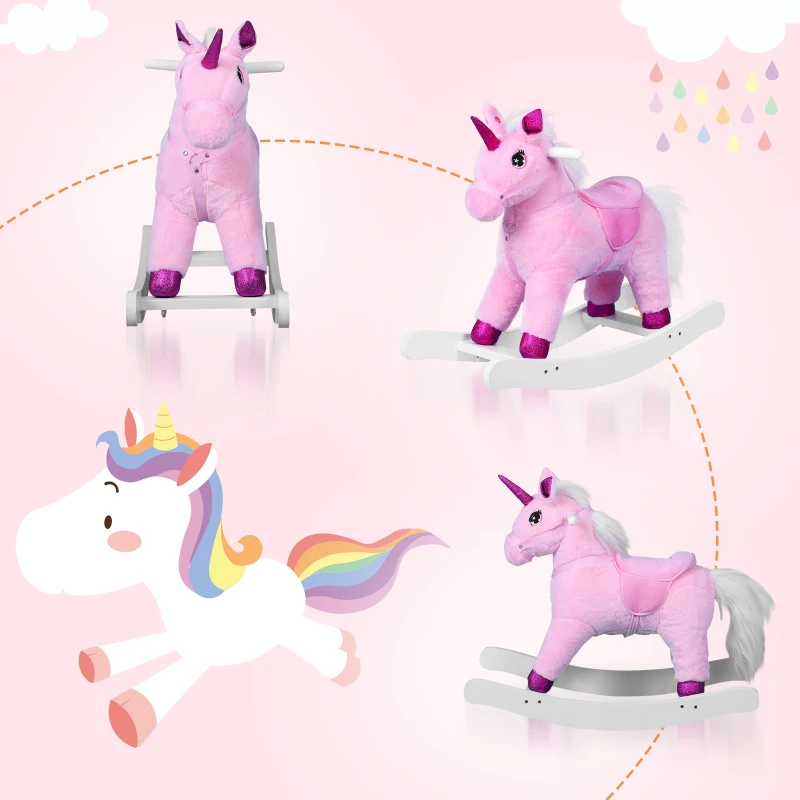 Qaba Kids Plush Toy Rocking Horse Unicorn with Realistic Sounds - Pink