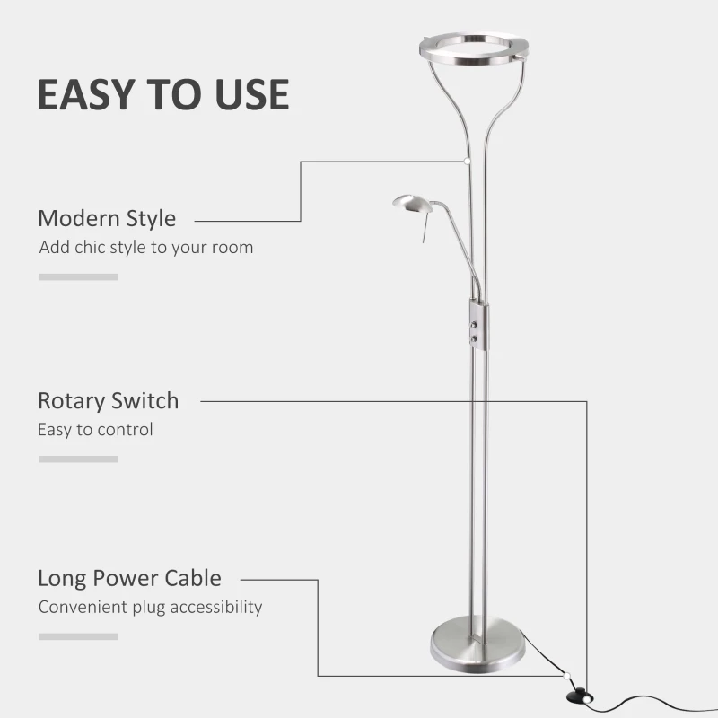 HOMCOM Modern LED 2 Light Floor Lamp, Tall Standing Lamp with Rotatable Ring Light and Height Adjustable Side Light for Living Room or Bedroom, Silver