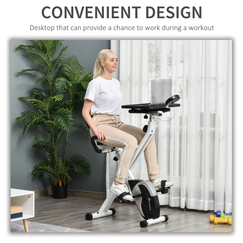 Soozier Stationary Exercise Bike with Adjustable Desktop, Seat Height and Resistance, 3lb Flywheel and Foldable Space-Saving Design, White