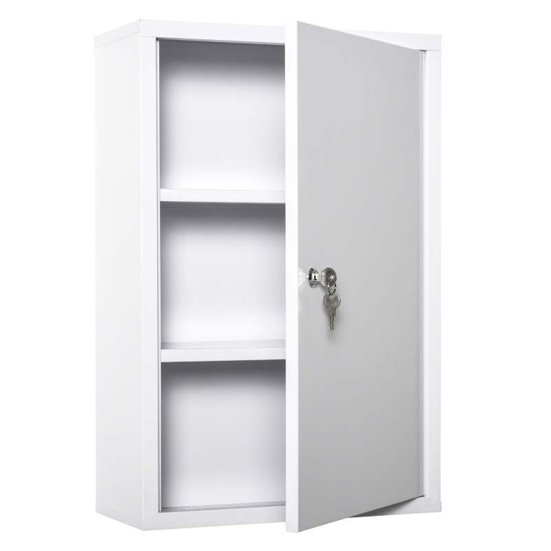 kleankin Steel Wall Mount Medicine Cabinet 3 Tier Emergency Box for Bathroom Kitchen, Lockable with 2 Keys - White