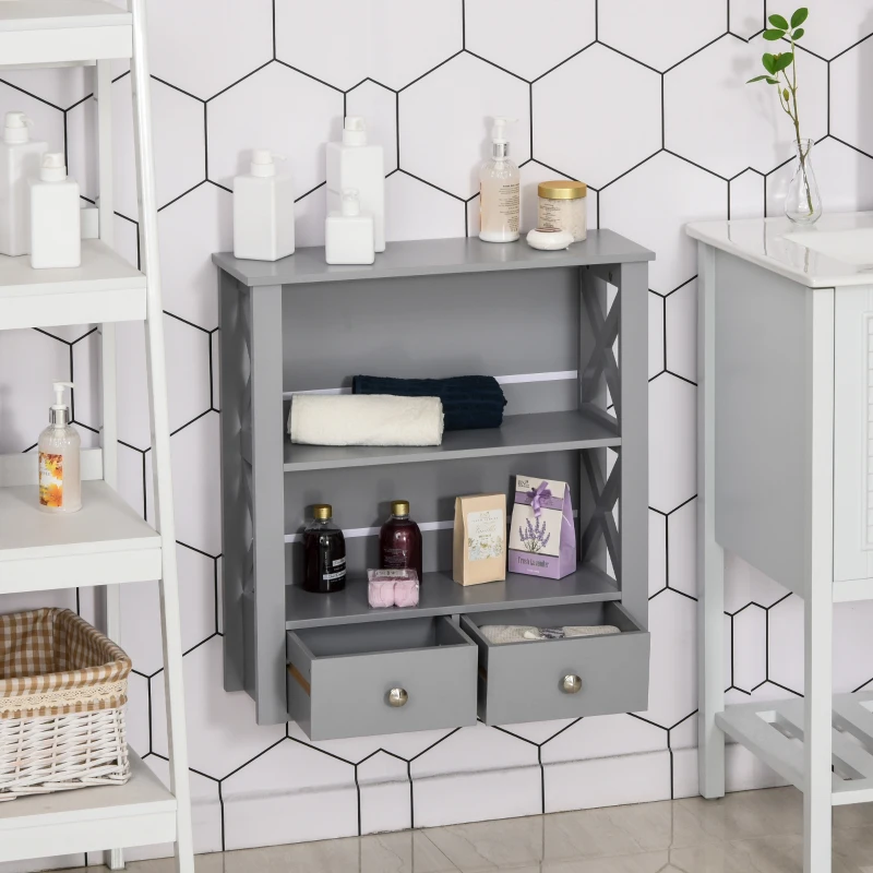 kleankin Wall Mount Bathroom Storage Rack with Open Shelves and Drawer Wooden Cabinet Organizer for Bathroom - Grey