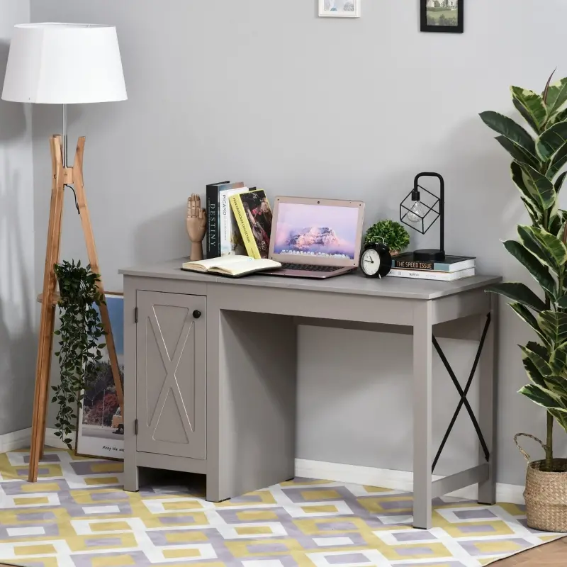 HOMCOM Home Office Writing Desk with Lower Storage Cabinet and X Bar Metal Frame, Grey