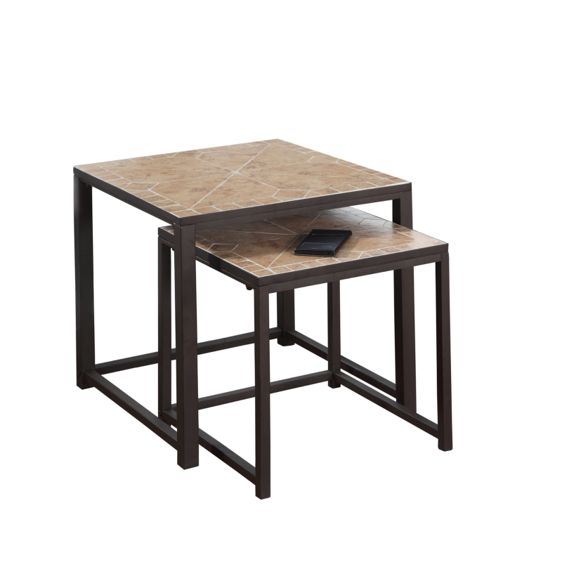 Monarch 2-Piece Elegant Inset Mosaic Tile Top Hammered Brown Metal Frame Nesting Accent Side End Table Set - Terracotta Finish