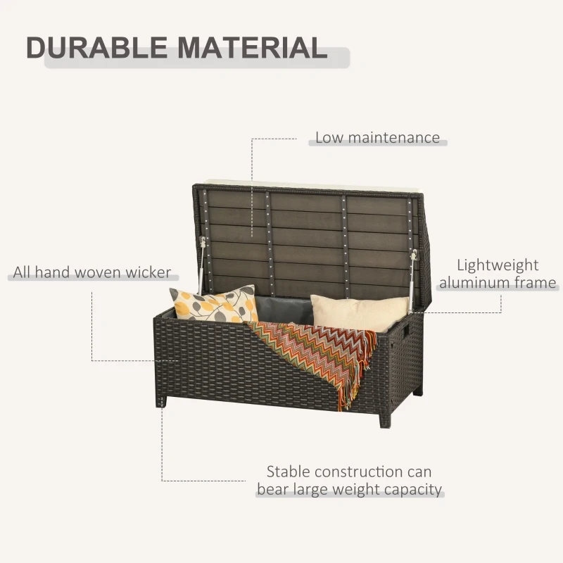 Outsunny 38 Gallon Outdoor Wicker Storage Bench Deck Box, PE Rattan Patio Furniture Pool Storage Bin Container with Interior Waterproof Cloth Bag and Comfortable Cushion, White