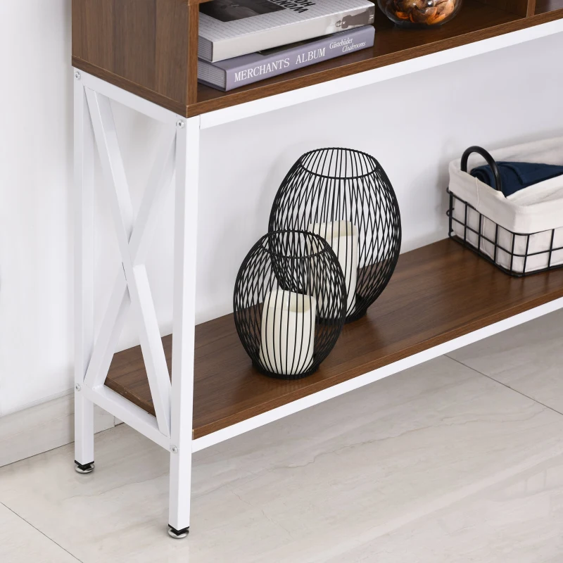 HOMCOM Industrial Style Entryway Console Table Desk with Shelf for Living Room, or Bedroom, Walnut Wood Grain and White