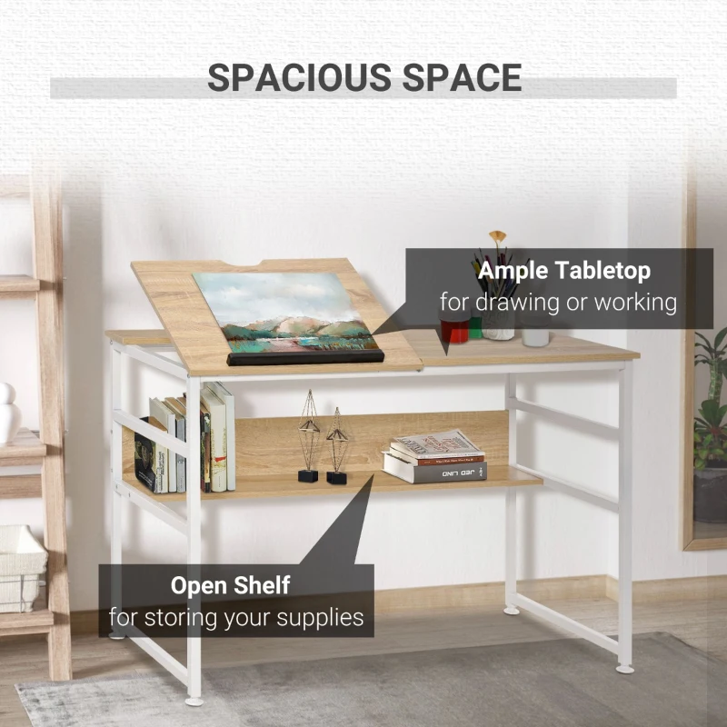 HOMCOM Drafting Table, Adjustable Drawing Desk, Multifunctional Writing Desk with 15-Level Tiltable Tabletop and Storage Shelf for Home Office, Natural
