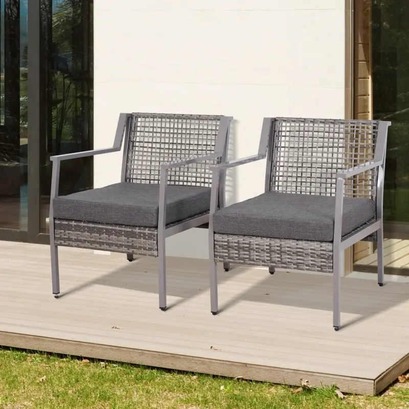 Outsunny 2 Piece Rattan Wicker Patio Dining Chairs, Patio Furniture Set with Armrest, Cushions for Backyard, Garden, Grey