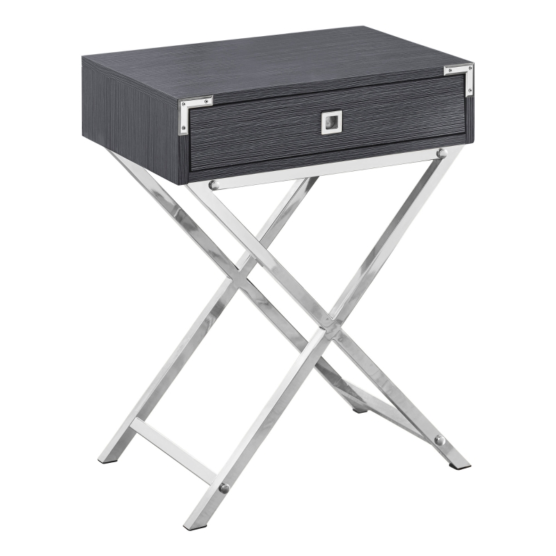 Monarch 24" Contemporary Accent Side End Table with Large Storage Drawer and Metal X-Design Legs - Grey Wood Grain-Look / Chrome Metal Legs
