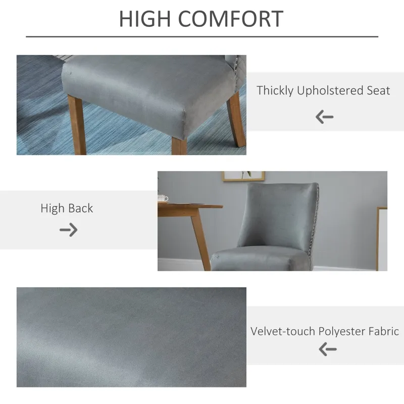HOMCOM Modern Dining Chairs Set of 2 with High Back, Dining Room Chairs with Nailhead Trim, Upholstered Seats and Solid Wood Legs for Kitchen, Light Grey