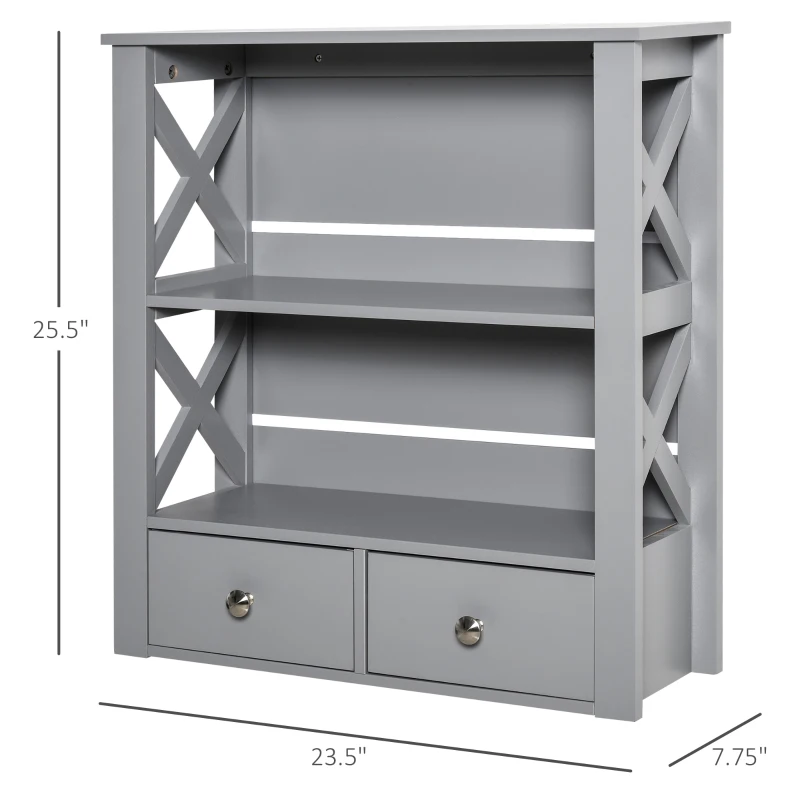 kleankin Wall Mount Bathroom Storage Rack with Open Shelves and Drawer Wooden Cabinet Organizer for Bathroom - Grey