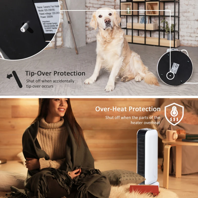 HOMCOM 1500W Ceramic Space Heater, 2-In-1 Oscillating Portable Heater with Three Heating Modes(High, Low, Fan), Timer, Remote Control, for Indoor Use, White