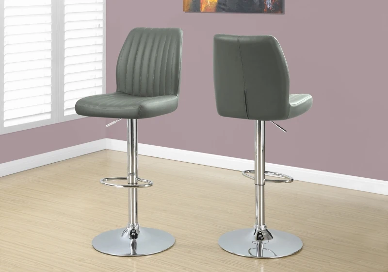 Monarch 2 Piece Contemporary PU Leather Vertical Ribbed Seat Chrome Base Hydraulic Lift Swivel Barstool Chair Set - Grey Finish