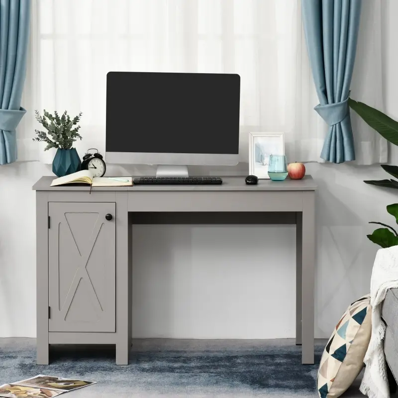 HOMCOM Home Office Writing Desk with Lower Storage Cabinet and X Bar Metal Frame, Grey