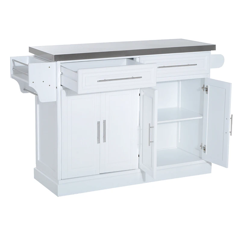 HOMCOM Rolling Kitchen Island with Storage, Portable Kitchen Cart with Stainless Steel Top, 2 Drawers, Spice, Knife and Towel Rack and Cabinets, White