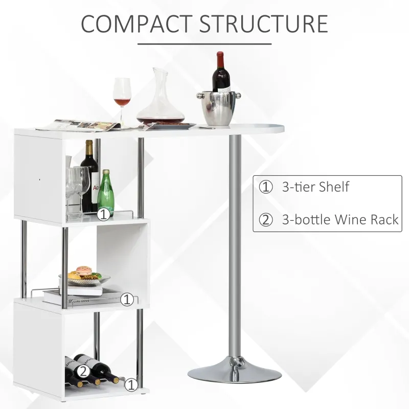 HOMCOM Modern Bar Table Accent Console Serving Buffet with 3-Bottle Wine Rack and Side Storage Shelf, White/Silver