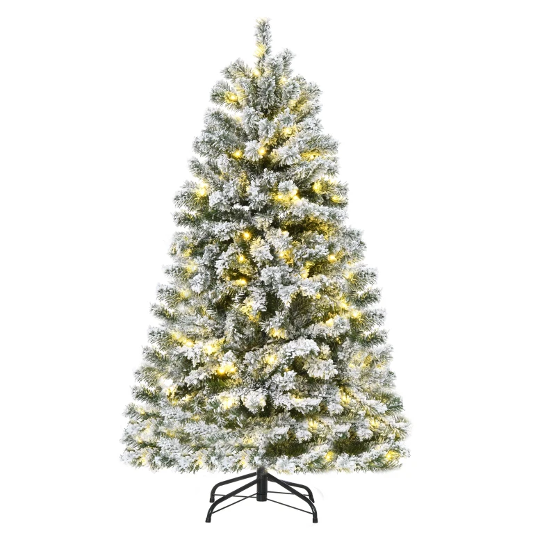 HOMCOM 4.5ft Tall Pre-Lit Snow-Flocked Artificial Christmas Tree with Realistic Branches, 200 Warm White LED Lights and 400 Tips
