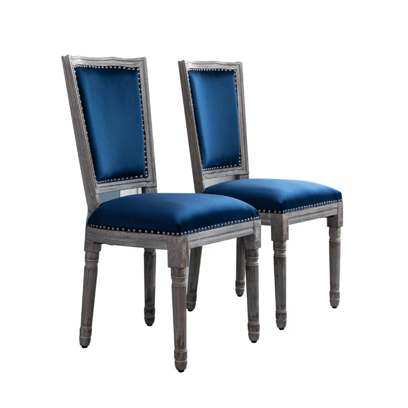 HOMCOM Vintage Upholstered Dining Chairs Set Of 2 with Nailhead Trim , Thick Padded Seat Cushions, and Wood Legs, Blue