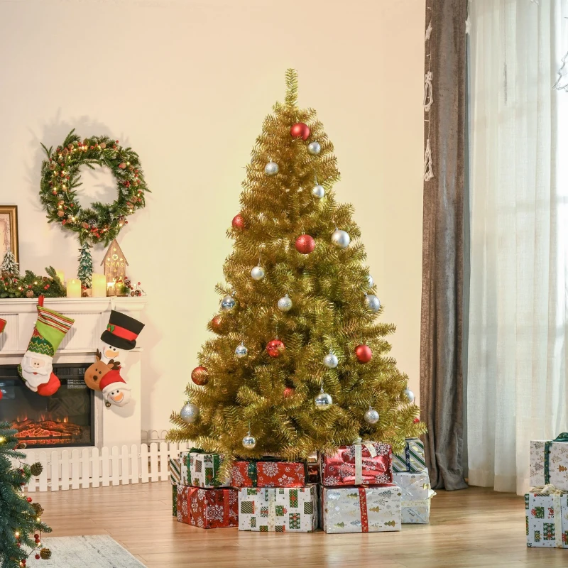 HOMCOM 6' Tall Unlit Full Fir Artificial Christmas Tree with Realistic Branches, and 1000 Tips, Gold