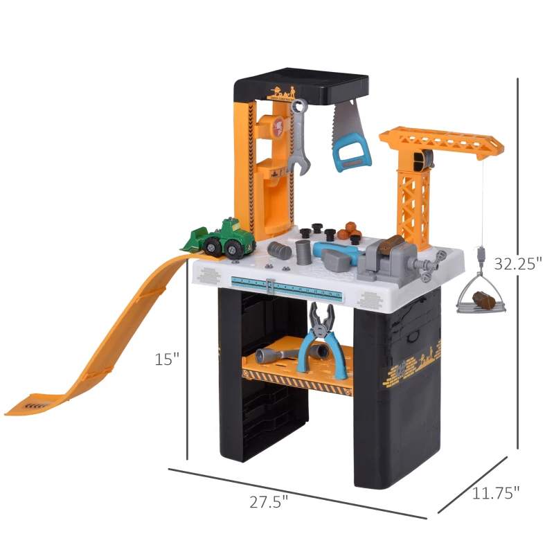 Qaba 54 Pieces Kids Tool Workbench, Toddler Pretend Play Construction Tool Toy with Cars and Slides for Ages 3+