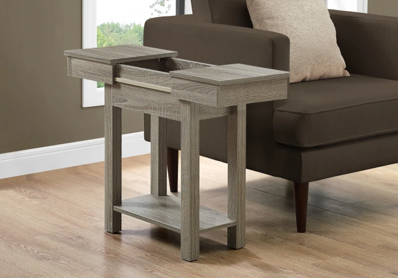 Monarch 24" Modern Two-Tier Slide-Open Storage Top Wood Grain-Look Side Accent Table - Dark Taupe Finish