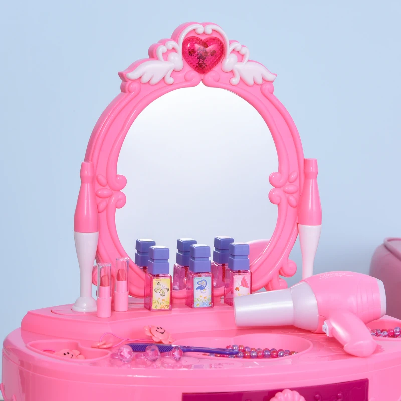 Qaba Kids Vanity Set, Pretend Play Girls Makeup Vanity with Lights, Music, Hair Dryer and Makeup Accessories, Pink