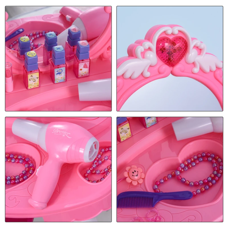 Qaba Kids Vanity Set, Pretend Play Girls Makeup Vanity with Lights, Music, Hair Dryer and Makeup Accessories, Pink