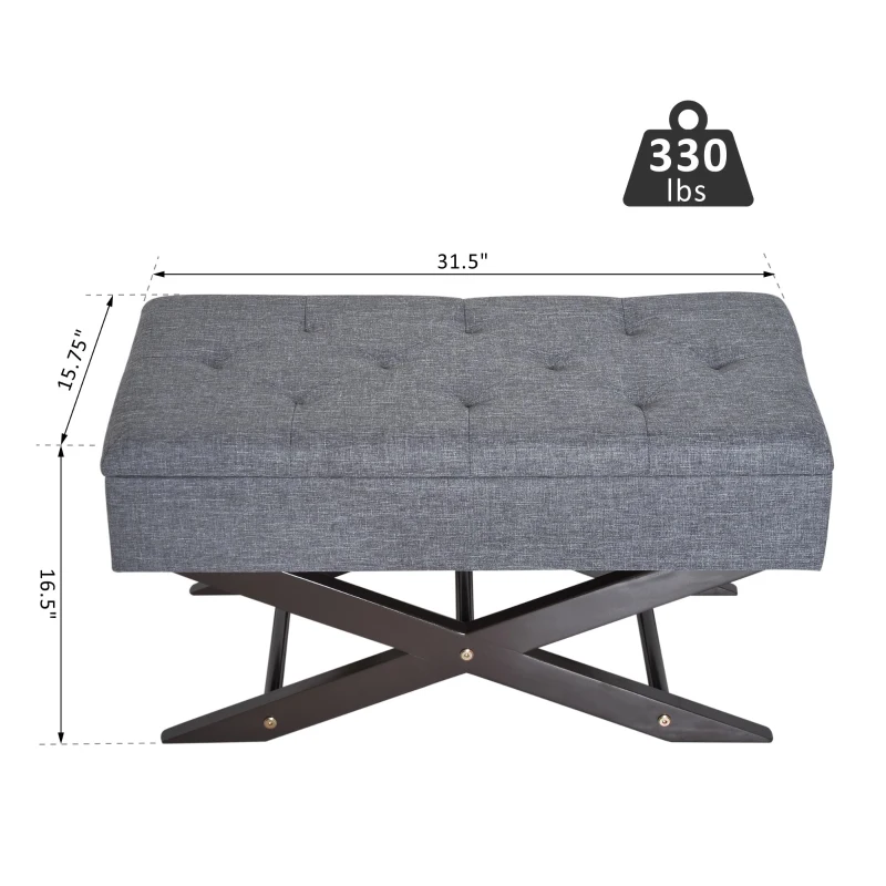 HOMCOM 32" Tufted Upholstered Storage Ottoman Bench X Leg Bed Bench with Organizer Padded Piano Keyboard Seat Grey