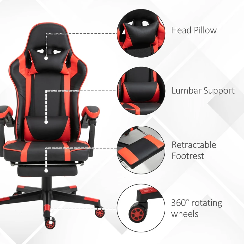 Vinsetto High Back Gaming Chair, PU Leather Racing Style Gamer Computer Chair with Retractable Footrest with Lumbar Support, Pillow and Adjustable Padded Armrests, Red